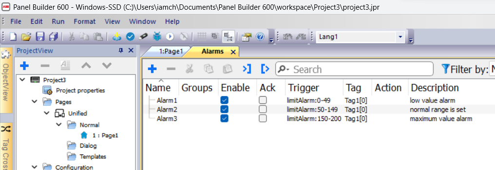 add an alarm to abb hmi